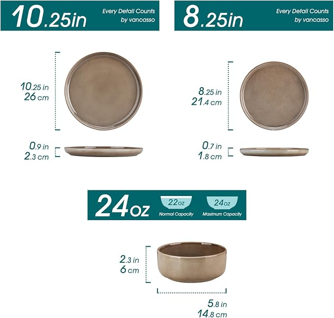 vancasso PLAYA Plates and Bowls Sets, 18 Pieces Dark Brown Dinnerware Sets