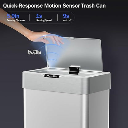TLSUNNY 16 Gallon Motion Sensor Trash Can,Touchless Automatic Garbage Can,Brushed Stainless Steel Smart Bin,with Bag Holder,Soft Close Lid,for Kitchen,Office,RV,Bedroom,Living Room (Silver, 60L)