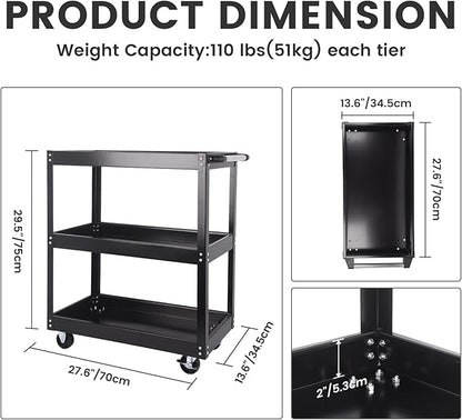 3-Tier Commercial Utility Cart, 3 Shelves Steel Service Tool Cart with Brake Wheels for Mechanics, 330lbs Heavy Duty Rolling Utility Carts Tub Storage Cart for Warehouse Office Garage, Black