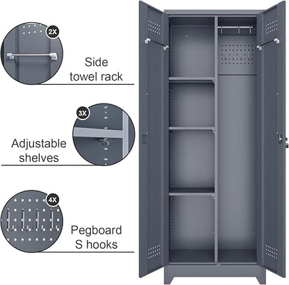 Broom Closet Storage Cabinet, Steel Locking Cabinet with Hanging Rod, 65" Cleaning Storage with Doors and Hooks, Tall Broom Tool Cabinets for Office, Garage