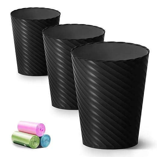 Bathroom Trash Can, 3 Pack 1.8 Gallons Small Trash Can with Trash Bags, Bathroom Garbage Can, Plastic Trash Bin, Round Waste Basket for Bedroom, Office, Kitchen, Room, Compact Space (Black)