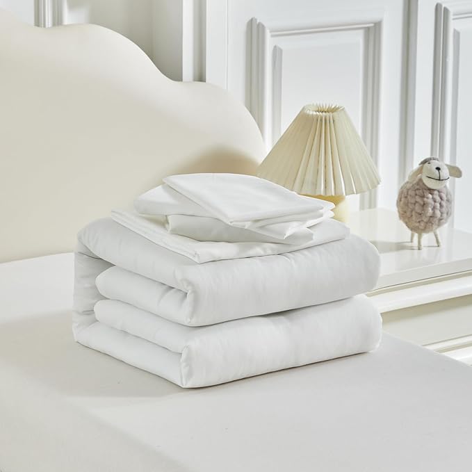 Toddler Bedding Set - 5 Piece Soft and Breathable Toddler Bed Set for Boys and Girls, Includes Quilted Comforter, Fitted Sheet, Flat Top Sheet, Standard Pillowcase and Toddler Pillowcase, White