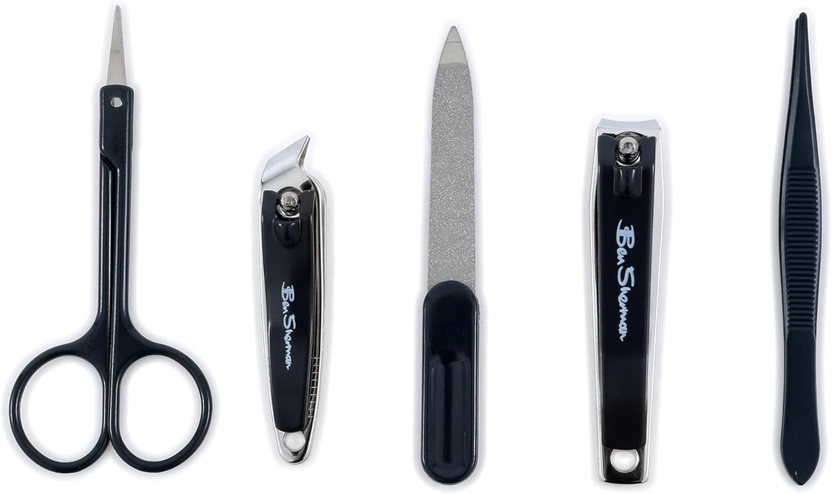 Ben Sherman Nail Clippers for Men Travel Size Nail Clipper Set, 5 Pcs Mens Nail Grooming Kit includes Nail Clippers, Scissors, Tweezers and Leather Traveling Case