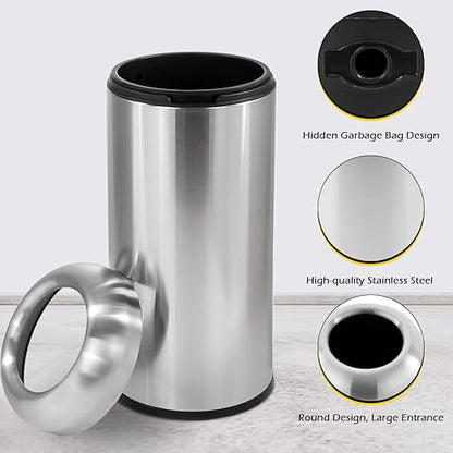 Dyna-Living Large Trash Can Outdoor Stainless Steel Garbage Can with Lid Open Top Tall Trash Bin Commercial Big Kitchen Garbage Bin Industrial Waste Container (Silver)