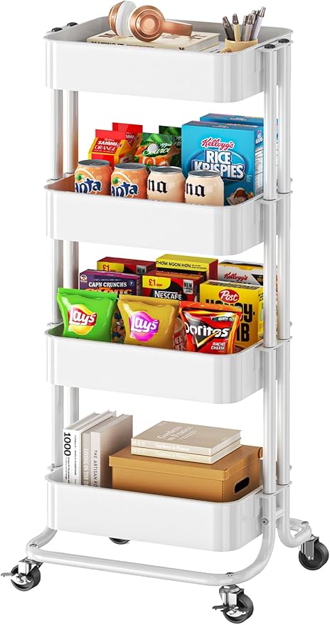Pipishell 4 Tier Metal Rolling Utility Cart, Heavy-Duty Storage Rolling Cart with 2 Lockable Wheels, Multifunctional Mesh Organization Utility Cart for Kitchen Dining Room Living Room, PIUC13W