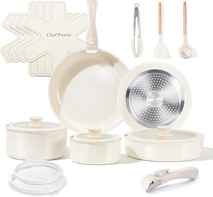 Chef Power Ceramic Cookware Set Non Toxic with Detachable Handles, Healthy Nonstick Pans and Pots Set 19 Pcs, Induction Dishwasher Oven Safe Kitchen Set, PFAS PFOA & PTFE Free, Cream White