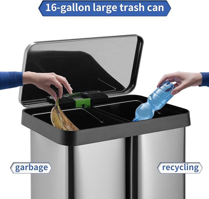 16 Gallon Dual Compartment Trash Can, Hands-Free Recycling Rectangular Garbage Bin, Stainless Steel Step-On Dustbin with Soft-Close Lid, Removable Inner Buckets, for Kitchen Home