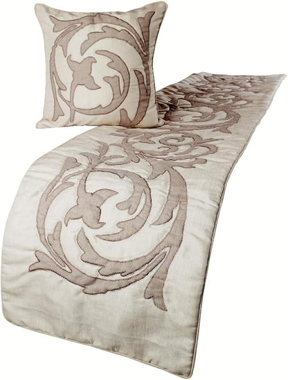 The HomeCentric Designer Ivory & Beige Queen 74 x 18 inch Bed Runner with Pillow Cover Set, Linen Lurex Applique Bed Scarf, Abstract Modern - Pretty Dainty