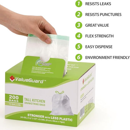 Large Trash Bag 13 Gallon Tall Drawstring 100% Post-Consumer Recycled Garbage Bag Waste Bag for Kitchen Office 0.6 Mil (200 Count)