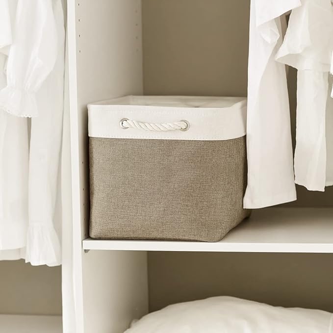TcaFmac Organization and Storage Basket for Shelves - 16x12x12 inch Large 2 Pack Collapsible Storage Bins for Organization, Fabric Storage Cubes for Box Cloth Toy Books Kids (White & Khaki)