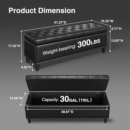 Storage Ottoman Bench, 51-Inch Large Storage Bench for Bedroom End of Bed, 30 Gallons Faux Leather Bench with Storage for Bedroom, Living Room, Entryway, Hallway, Black
