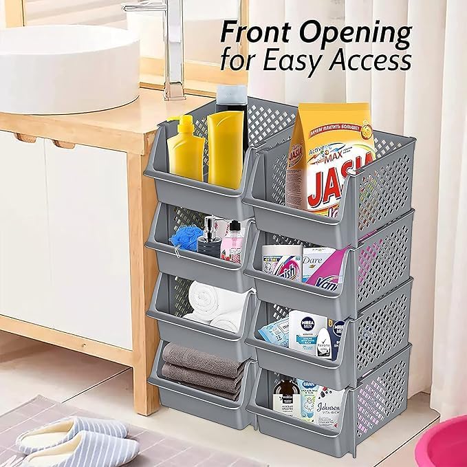 Skywin Plastic Stackable Storage Bins for Pantry - 12 Pack Stackable Bins For Organizing Food, Kitchen, and Bathroom Essentials (Light Grey)