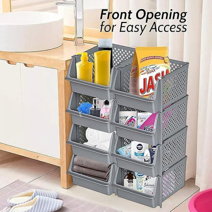Skywin Plastic Stackable Storage Bins for Pantry - 12 Pack Stackable Bins For Organizing Food, Kitchen, and Bathroom Essentials (Light Grey)