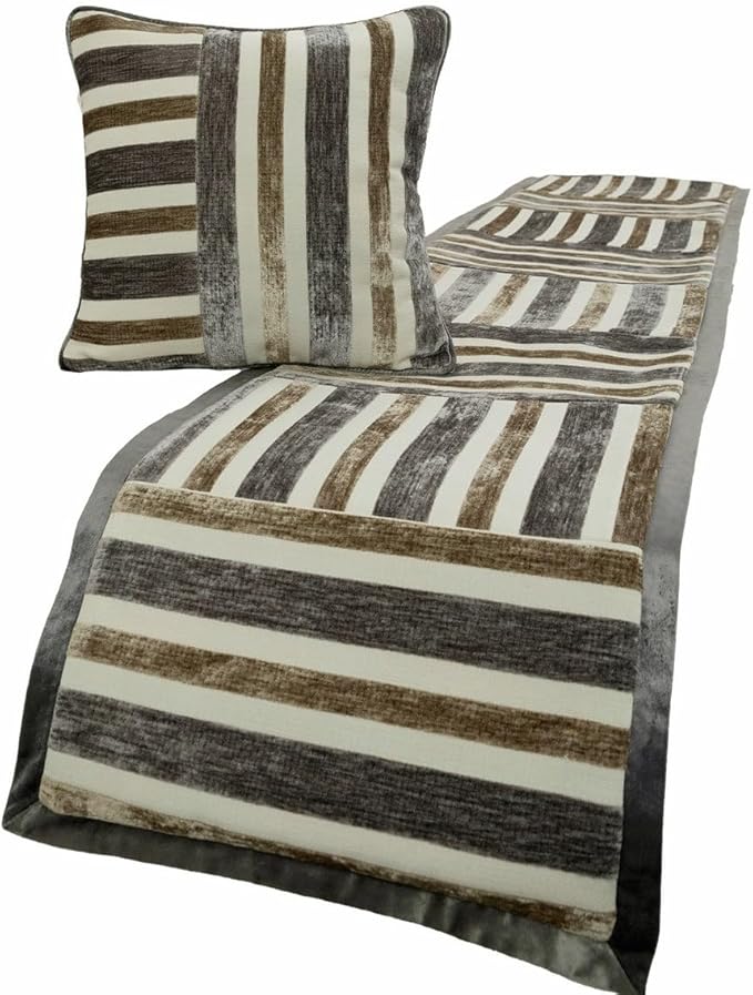 The HomeCentric King/Queen/Twin Beige & Grey Decorative Queen 74"x18" Bed Runner Without Pillow Cover, Patchwork Bed Scarf on Velvet Fabric - Striation