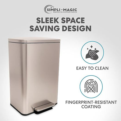 SIMPLI-Magic 13.2 Gallon (50L) Step Trash Can – Kitchen Garbage Can with Slow-Close Lid – Odor Control, Hands-Free, Easy to Clean, Brushed Stainless Steel (Rose Gold)