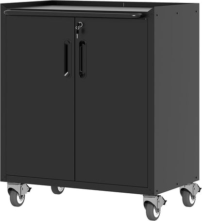 Metal Storage Cabinet with Wheels, Lockable Garage Cabinet with Doors and Shelves, Rolling Tool Storage, Assembly Required, Black