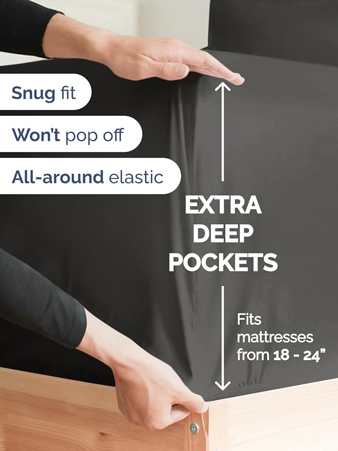 Extra Deep Pocket Queen Sheet Set - 4 Piece Breathable & Cooling Bed Sheets - Hotel Luxury Sheet Set - Soft, Wrinkle Free and Comfy - Easily Fits Extra Deep Mattresses - Deep Pocket Charcoal Sheets