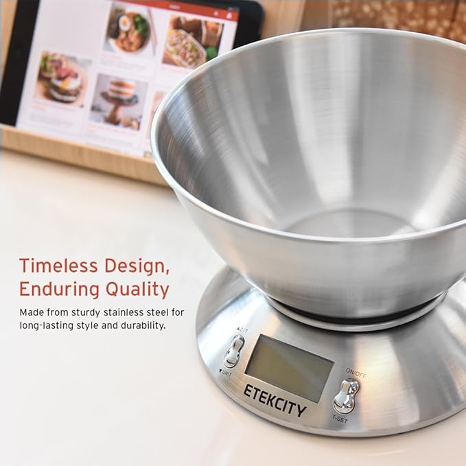 Etekcity Food Kitchen Scale with Bowl, Digital Weight Scale for Food Ounces and Grams, Cooking and Baking, Timer, and Temperature Sensor, 2.06 QT, Stainless Steel