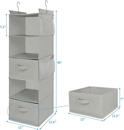 MAX Houser 5 Tier Shelf Hanging Closet Organizer, Cloth Hanging Shelf with 2 Sturdy Hooks for Storage, Foldable (Light Grey-D2)