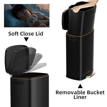 13 Gallon Trash Can with Lid, 50L Fingerprint Proof Stainless Steel Kitchen Trash Can with Removable Inner Bucket and Lid Soft Close, Pedal Rubbish Bin for Home Office, Black