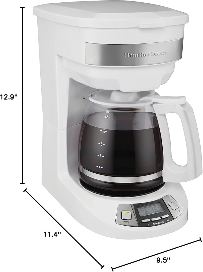 Hamilton Beach 12 Cup Programmable Drip Coffee Maker with 3 Brew Options, Glass Carafe, Auto Pause and Pour, White (46294)