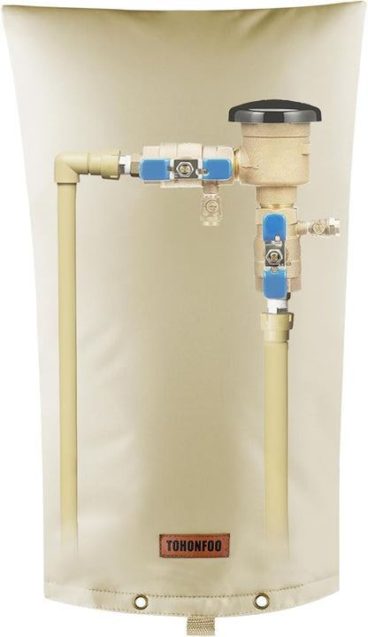 TOHONFOO Backflow Preventer Pipe Insulation Cover (5°F) - Irrigation Sprinkler Valve Insulated Pouch - Water Well Pump Cover - Sturdy 5 Layers for Winter Freeze Protection, 14" W x 26" H, Beige