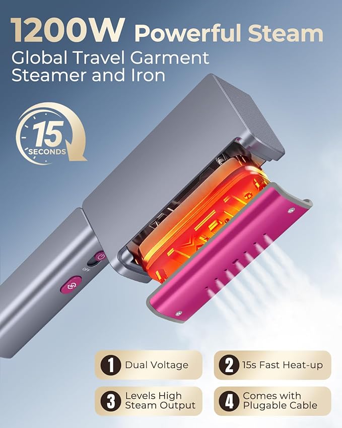 1200W Travel Steamer for Clothes Portable Mini, Dual Voltage, Small Foldable Clothes Steamer and Iron, Compact Garment steamer,15s Fast Heat-Up, Pluggable Cable, Worldwide Travel (110-220V)