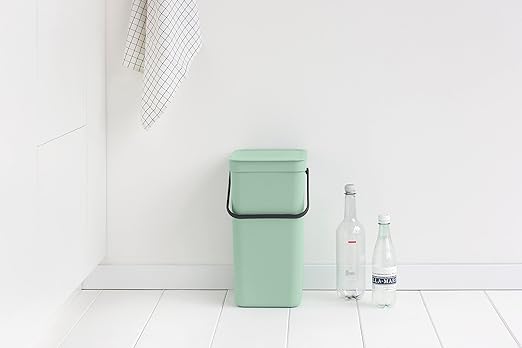 Brabantia Sort & Go Kitchen Recycling Can (4.2 Gal/Jade Green) Stackable Waste Organiser with Handle & Removable Lid, Easy Clean, Fixtures Included for Wall/Cupboard Mounting