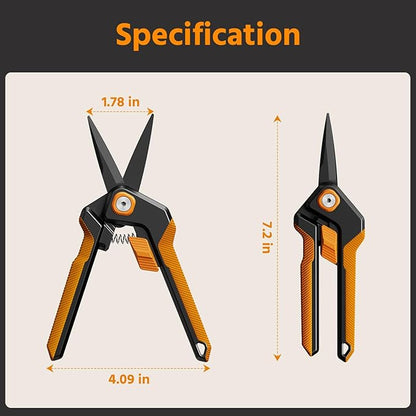 PrunePro Garden Scissors Pruning Shears Sharp Stainless Steel Non-Stick Teflon Coating Blade for Precise Cuts Garden Snip Bonsai Clippers for Plants Rose Flower Orange 2 Pack