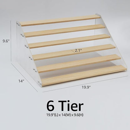 nianfeng Tiered Spice Rack, 6-Tier Spice Pantry Kitchen Cabinet Organizer, 19.9-Inch, Natural Wood Acrylic Stair Riser Stand, Countertop Seasoning Shelf