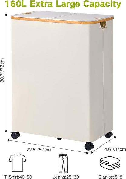 efluky Double Laundry Hamper with Wheels, Divided Laundry Hamper with Removable Bags, 2 Section Dirty Clothes Basket with Handles for Bathroom, Bedroom & Laundry Room, 160L Beige