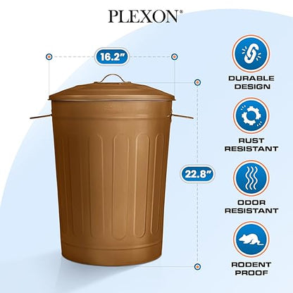 Plexon Round Trash Can 13 Gallon, Vintage Metal Outdoor Trash Can with Lid, Retro Farmhouse Garbage Container, Old School Modern Ash Bucket, Copper 3 Pack