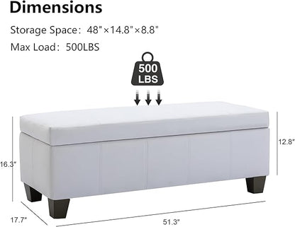 51 Inch Faux Leather Ottoman with Storage, End of Bed Bench with Large Storage, Rectangular Extra Long Bench for Bedroom and Living Room, White