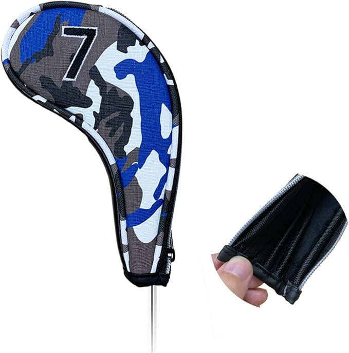 9pcs PU Leather Camouflage Blue Zipper Long Neck Design Golf Iron Headcovers Both Side Number Golf Iron Club Head Cover LH RH Covers #4-9,P,S,A