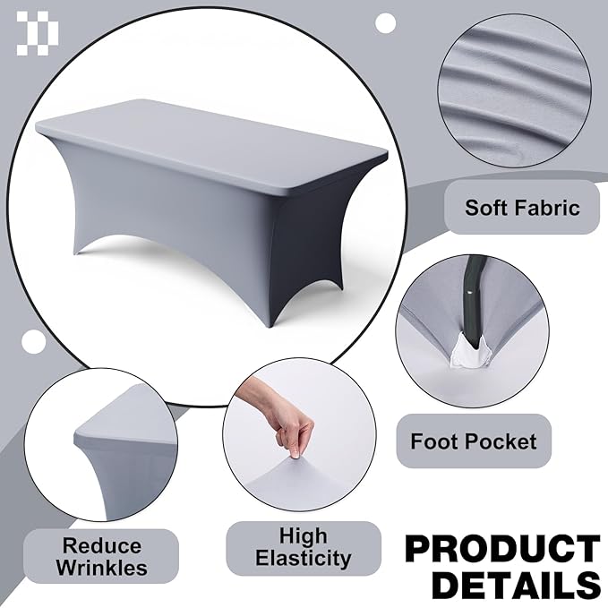 Trlyc 1 Pack 6FT Spandex Table Cloth - 72 x 30 Inch Rectangular Stretch Tablecloth, Wrinkle Resistant Scretch Table Cover for Wedding, Party, Banquet, Picnic, Outdoor Decoration (1Pcs,Grey)