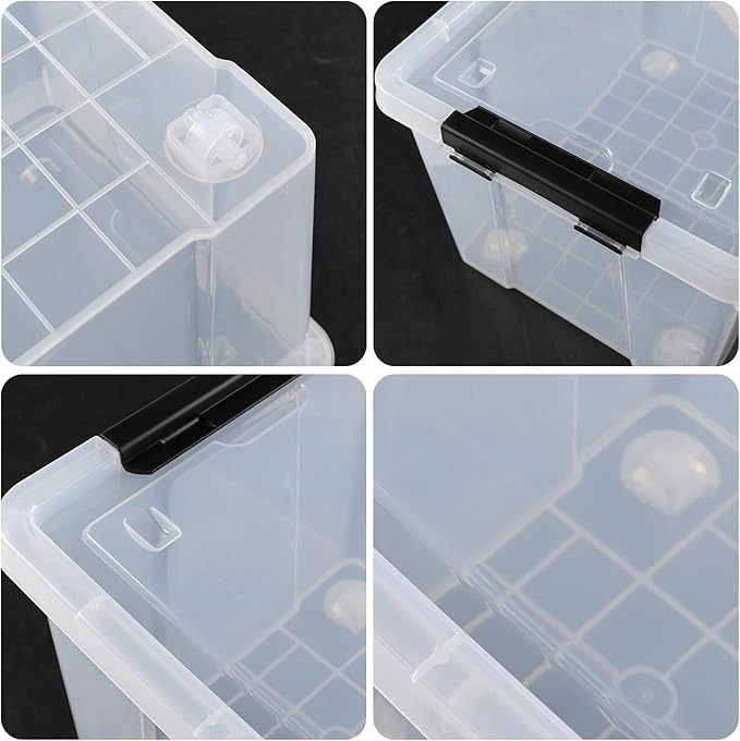 Set of 4 Plastic Latch Storage Bins with Wheels, 23 L Clear Latch Boxes with Stackable Lids