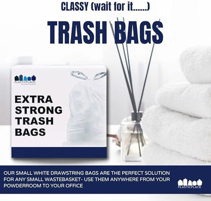 Plasticplace 6 Gallon Trash Bags, 0.7 Mil, White Drawstring Garbage Can Liners, 17" x 20" (100 Count) (Pack of 6)