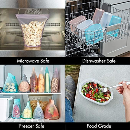Zip Top Reusable Food Storage Bags | 3 Bag Set [Frost] | Silicone Meal Prep Container | Microwave, Dishwasher and Freezer Safe | Made in the USA