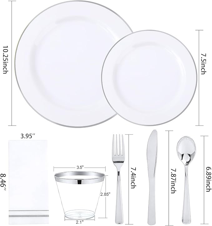 SUT 350 Piece Silver and White Plastic Dinnerware Set