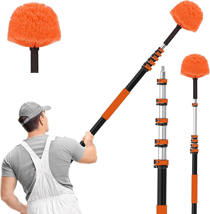 30FT Reach Cobweb Duster with Extension Pole, High Ceiling Long Duster with 5-24FT Telescoping Pole, Spider Web Brush for Indoor Outdoor Use
