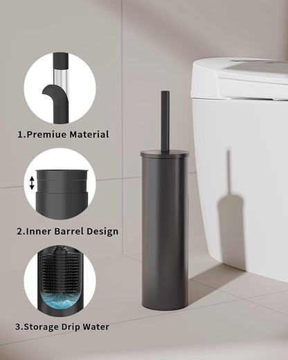 Toilet Brush and Holder Set, Stainless Steel Toilet Bowl Brush with Lid, Rust Proof Toilet Cleaner Brush with Caddy, Durable Bristles, Splash Proof, Ideal for Bathroom（1 Pack, Matte Black）