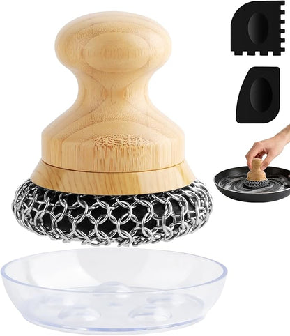 Cast Iron Scrubber and Scraper,Chain Mail Cleaner with Bamboo Handle & Draining Tray,316 Stainless Steel Brush for Cleaning Pots,Pans,Wok,Bakeware,Griddles, Grills,Dishes (Large Chain Mail)