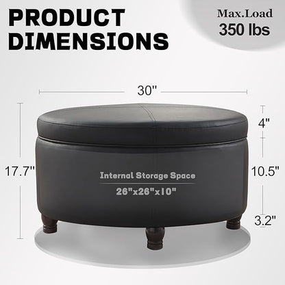 30-Inch Round Storage Ottoman, Modern Ottoman Coffee Table with Removable Top for Living Room, Bedroom, Office (Black)