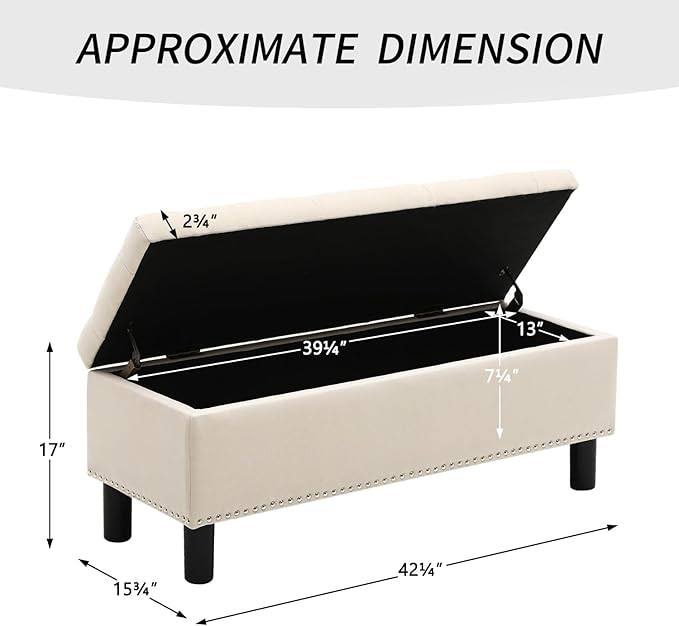 Furnimart 42.5 Inch Storage Ottoman Bench, Flip Top End of Bed Storage Bench, Upholstered Blanket Bench for Bedroom, Entryway, Living Room, Tufted Linen (Beige)