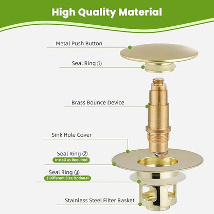 Universal Bathroom Sink Drain Strainer Hair Catcher Upgraded with Removable Stainless Steel Filter Basket, 2 in 1 Pop Up Sink Stopper for 1.1''~2.36'' Sink Basin Hole, Big Cover Cap, Brushed Gold