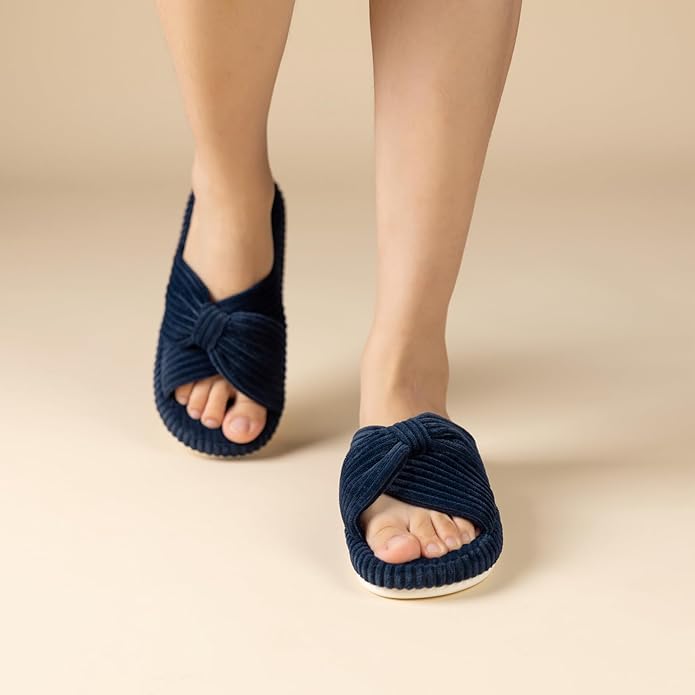 Chantomoo Slippers for Women Memory Foam House Bedroom Corduroy Bow Crossbands Slide Slipper Shoes Comfy Trendy Gift Slippers