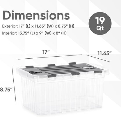 Superio Clear Storage Boxes with Attached Lids, Plastic Container Bins with Hinged Lids for Organizing, Stackable Crates, BPA Free, Non Toxic Organizers (4 Pack, 17"x11.65"x8.75")