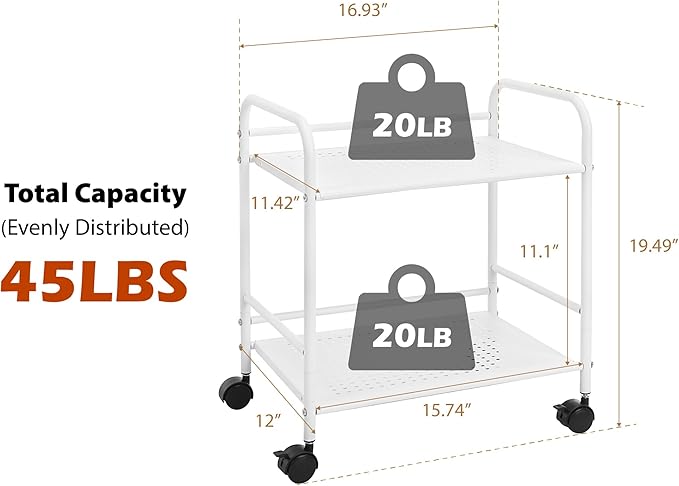 SunnyPoint 2-Tier Metal Rolling Utility Cart – Mobile Storage Shelf with Caster Wheels – Small Space Organizer for Home, Office, Bedroom, Kitchen (WHT)