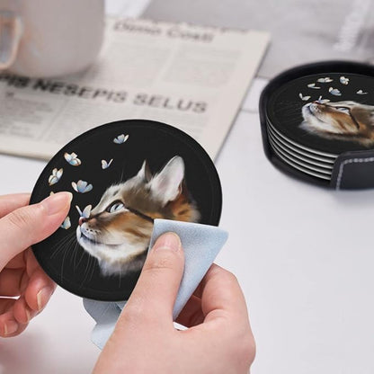 6 Pcs Portrait Cat with Butterflies Leather Coasters