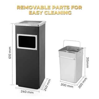 Trash Can Outdoor Waste Container Square Stainless Steel Trash Can with Removable Inner Bucket for Disposal Commercial Waste Container 9.45‘’ x 9.45‘’ x 24.02‘’-Black